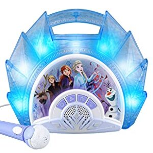 eKids Frozen Sing Along Boom Box Speaker with Microphone for Fans of Frozen Toys for Girls, Kids Karaoke Machine with Built in Music and Flashing Lights , Blue, 3.5mm Audio Jack