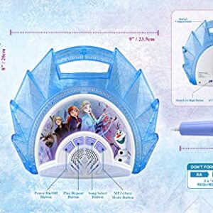 eKids Frozen Sing Along Boom Box Speaker with Microphone for Fans of Frozen Toys for Girls, Kids Karaoke Machine with Built in Music and Flashing Lights , Blue, 3.5mm Audio Jack