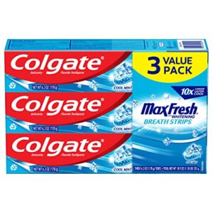 colgate max fresh with whitening toothpaste with mini breath strips, cool mint toothpaste for bad breath, 6.3 oz tube. 3 pack