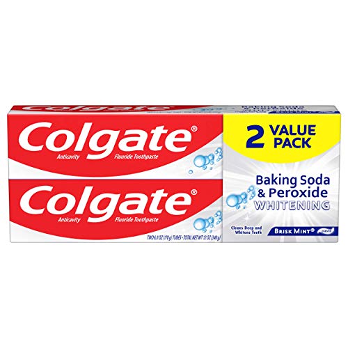 Colgate Baking Soda and Peroxide Toothpaste, Whitening Baking Soda Toothpaste, Brisk Mint Flavor, Whitens Teeth, Fights Cavities and Removes Surface Stains for Whiter Teeth, 6 Oz Tube, 2 Pack