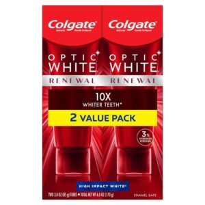 colgate optic white renewal teeth whitening toothpaste with fluoride, 3% hydrogen peroxide, high impact white, mint – 3 ounce (2 pack)