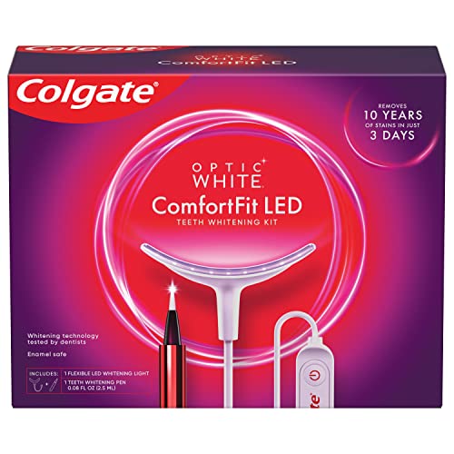 Colgate Optic White ComfortFit Teeth Whitening Kit with LED Light and Whitening Pen, LED Teeth Whitening Kit, Enamel Safe, Works with iPhone and Android