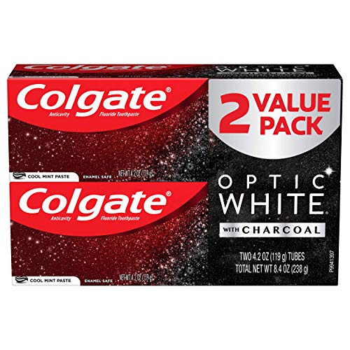 Colgate Optic White with Charcoal Whitening Toothpaste, Cool Mint Flavor, Safely Removes Surface Stains, Enamel-Safe for Daily Use, Teeth Whitening Toothpaste with Fluoride, 2 Pack, 4.2 Oz Tube