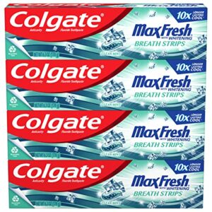 colgate max fresh toothpaste, whitening toothpaste with mini breath strips, clean mint toothpaste for bad breath, helps fight cavities, whitens teeth, and freshens breath, 4 pack, 6.3 oz tubes