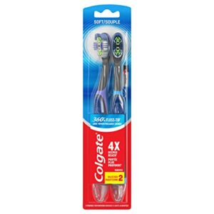 colgate 360 floss tip battery powered toothbrush, sonic toothbrush with soft bristles, tongue cleaner helps remove bacteria, great for travel, includes 1 aaa battery total, 2 pack