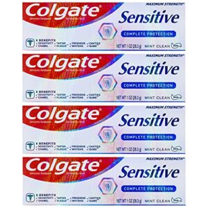 colgate sensitive complete protection toothpaste, maximum strength, clean mint, travel size 1 oz (28.3g) – pack of 4