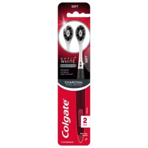 colgate optic white pro series charcoal toothbrushes, adult soft toothbrushes with charcoal spiral bristles, helps polish away surface stains and whitens teeth, 2 pack