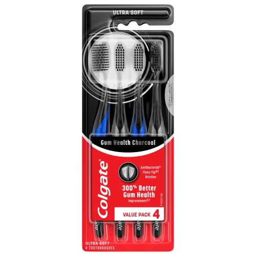 Colgate Gum Health Adult Manual Soft Charcoal Toothbrush, Ultra Soft Toothbrush with Antibacterial Bristles, Soft Bristle Toothbrush for Sensitive Teeth, Helps Reduce Gingivitis, 4 Pack