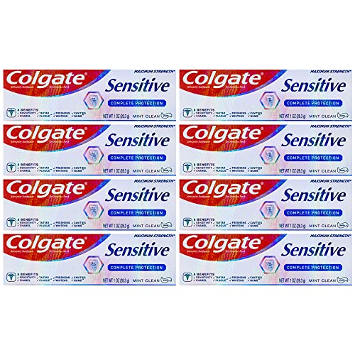 Colgate Sensitive Complete Protection Toothpaste, Maximum Strength, Clean Mint, Travel Size 1 oz (28.3g) - Pack of 8