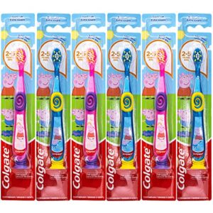 colgate kids toothbrush, peppa pig characters, with suction cup for little children ages 2+, extra soft (colors vary) – pack of 6
