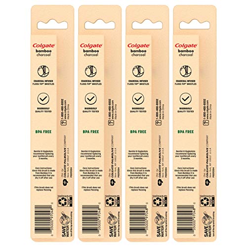 Colgate Charcoal Bamboo Toothbrushes, Eco Friendly Natural Bamboo Handle, Soft, 4 Count