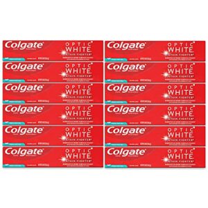 colgate optic white toothpaste, stain fighter, fresh mint gel, travel size 2.0 oz (56.6g) – pack of 12
