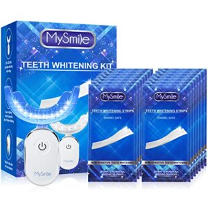 mysmile teeth whitening kit with led light, 28x teeth whitening strips for teeth sensitive, 10 min fast whitening teeth, helps to remove stains from coffee, smoking, wines(1pcs light + 14sets strips)