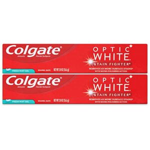 colgate optic white toothpaste, stain fighter, fresh mint gel, travel size 2.0 oz (pack of 2)