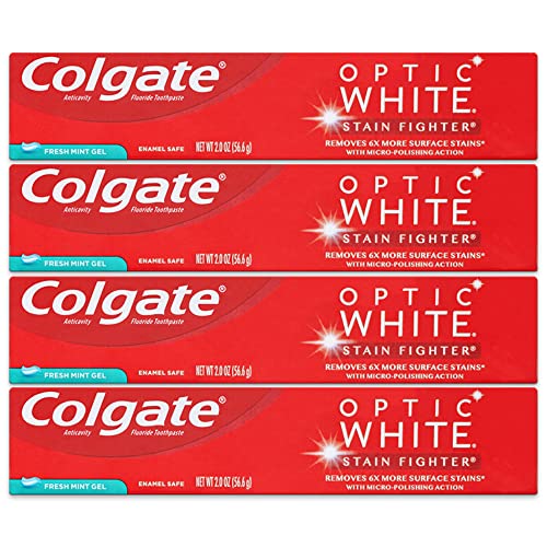 Colgate Optic White Toothpaste, Stain Fighter, Fresh Mint Gel, Travel Size 2.0 oz (56.6g) - Pack of 4