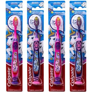 colgate kids unicorn toothbrush with suction cup for children 5+ years old, extra soft (colors vary) – pack of 4