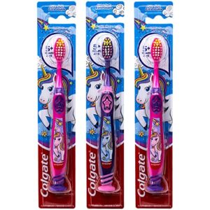 colgate kids unicorn toothbrush, with suction cup for children 5+ years old, extra soft (colors vary) – pack of 3