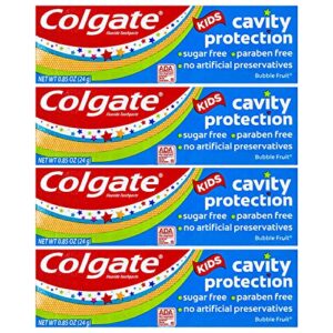 colgate kids cavity protection fluoride toothpaste, bubble fruit flavor, travel size 0.85 oz (24g) – pack of 4