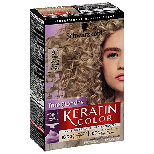 Schwarzkopf Keratin Color Permanent Hair Color Cream, 9.1 Light Ash Blonde, 1 Kit