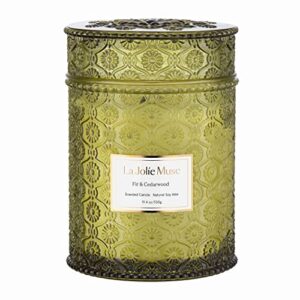 la jolie muse fir & cedarwood scented candle, 19.4 oz large winter holiday gift candle, wood wicked candle for home scented, long burning glass jar candle