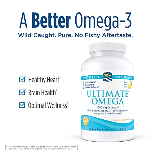 Nordic Naturals Ultimate Omega, Lemon Flavor - 180 Soft Gels - 1280 mg Omega-3 - High-Potency Omega-3 Fish Oil with EPA & DHA - Promotes Brain & Heart Health - Non-GMO - 90 Servings