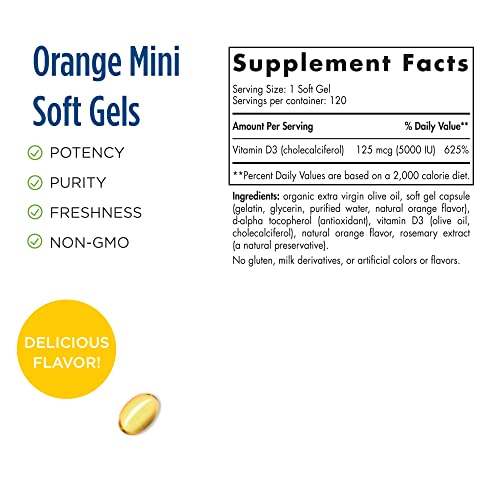 Nordic Naturals Vitamin D3 5000, Orange - 120 Mini Soft Gels - 5000 IU Vitamin D3 - Supports Healthy Bones, Mood & Immune System Function - Non-GMO - 120 Servings