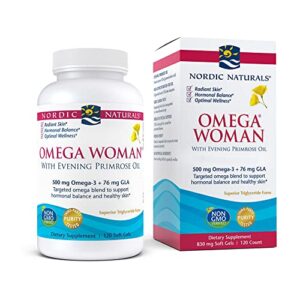 nordic naturals omega woman, lemon – 120 soft gels – 500 mg omega-3 + 800 mg evening primrose oil – healthy skin, hormonal balance, optimal wellness – non-gmo – 60 servings