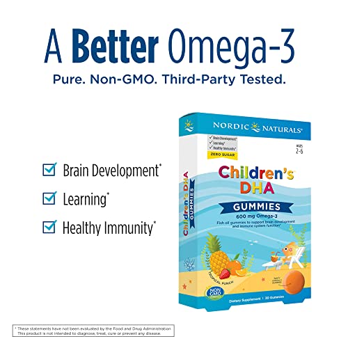 Nordic Naturals Children’s DHA Gummies, Tropical Punch - 30 Gummies for Kids - 600 mg Total Omega-3s with EPA & DHA - Brain Development, Learning, Healthy Immunity - Non-GMO - 30 Servings