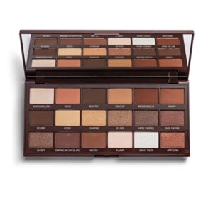 i heart revolution i love chocolate eyeshadow palette, chocolate s’mores, shimmer, glitter & matte shades, 18 intense pigmented shades, cruelty-free, 0.45 oz