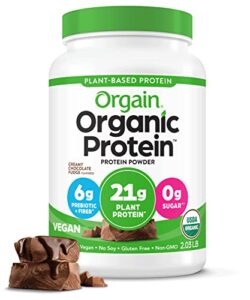 orgain organic vegan protein powder, creamy chocolate fudge – 21g of plant based protein, low net carbs, non dairy, gluten free, no sugar added, soy free, kosher, non-gmo, 2.03 lb (packaging may vary)