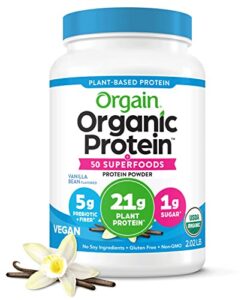 orgain organic protein + superfoods powder, vanilla bean – 21g of protein, vegan, plant based, 5g of fiber, no dairy, gluten, soy or added sugar, non-gmo, 2.02lb