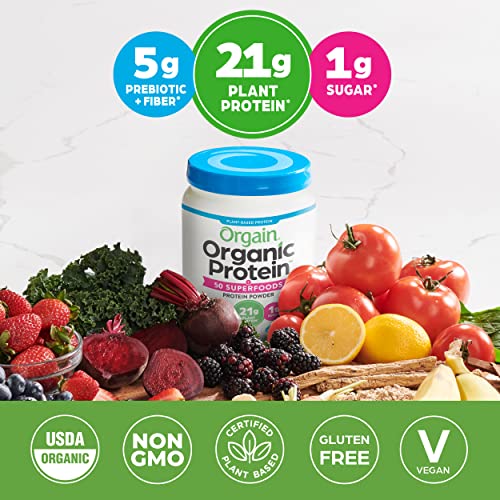 Orgain Organic Protein + Superfoods Powder, Vanilla Bean - 21g of Protein, Vegan, Plant Based, 5g of Fiber, No Dairy, Gluten, Soy or Added Sugar, Non-GMO, 2.02lb