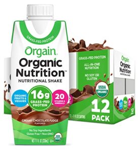 orgain organic nutritional shake, creamy chocolate fudge – meal replacement, 16g grass fed whey protein, 20 vitamins & minerals, gluten & soy free, kosher, non-gmo, 11 fl oz (pack of 12)