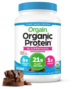 orgain organic protein + superfoods powder, creamy chocolate fudge – 21g of protein, vegan, plant based, 6g of fiber, no dairy, gluten, soy or added sugar, non-gmo, 2.02 lb