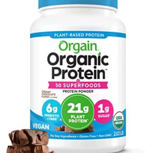 Orgain Organic Protein + Superfoods Powder, Creamy Chocolate Fudge - 21g of Protein, Vegan, Plant Based, 6g of Fiber, No Dairy, Gluten, Soy or Added Sugar, Non-GMO, 2.02 Lb