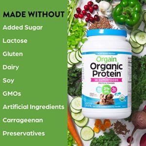 Orgain Organic Protein + Superfoods Powder, Creamy Chocolate Fudge - 21g of Protein, Vegan, Plant Based, 6g of Fiber, No Dairy, Gluten, Soy or Added Sugar, Non-GMO, 2.02 Lb