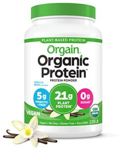 orgain organic vegan protein powder, vanilla bean – 21g of plant based protein, low net carbs, gluten free, lactose free, no sugar added, soy free, kosher, non-gmo, 2.03 lb