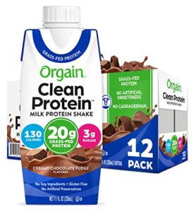 orgain grass fed clean protein shake, creamy chocolate fudge – 20g of protein, meal replacement, ready to drink, gluten free, soy free, kosher, packaging may vary, 11 fl oz (pack of 12)