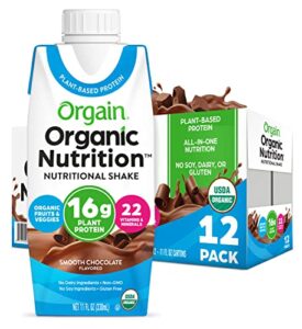orgain organic vegan plant based nutritional shake, smooth chocolate – meal replacement, 16g protein, 22 vitamins & minerals, dairy free, gluten free, 11 fl oz (pack of 12)