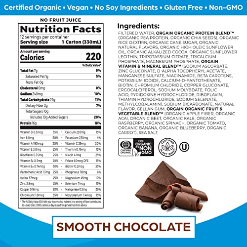 Orgain Organic Vegan Plant Based Nutritional Shake, Smooth Chocolate - Meal Replacement, 16g Protein, 22 Vitamins & Minerals, Dairy Free, Gluten Free, 11 Fl Oz (Pack of 12)