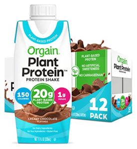 orgain vegan protein shakes, 20g of plant based protein, creamy chocolate – gluten free, no dairy, soy, or preservatives, no added sugar, 11 fl oz, 12 count (packaging may vary)