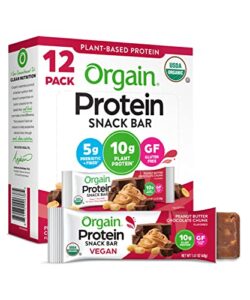 orgain organic plant based protein bar, peanut butter chocolate chunk – 10g of protein, vegan, gluten free, non dairy, soy free, lactose free, kosher, non-gmo, 1.41 ounce, 12 count(packaging may vary)