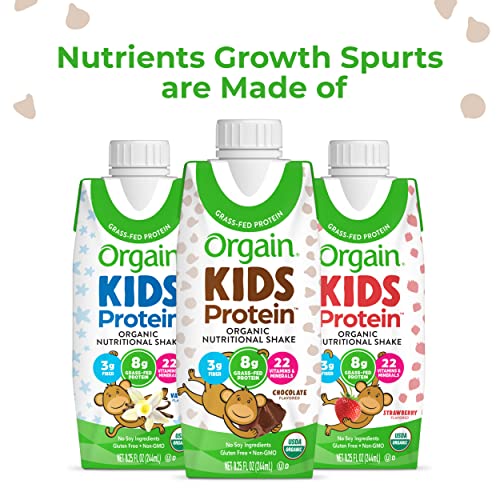 Orgain Organic Kids Protein Nutritional Shake, Chocolate - 8g of Protein, 22 Vitamins & Minerals, Fruits & Vegetables, Gluten Free, Soy Free, Non-GMO, 8.25 Fl Oz (Pack of 12)