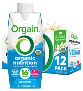 orgain organic vegan plant based nutritional shake, vanilla bean – meal replacement, 16g protein, 21 vitamins & minerals, non dairy, gluten free, lactose free, kosher, non-gmo, 11 fl oz (pack of 12)