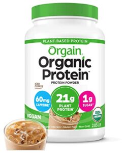 orgain organic vegan protein powder, iced coffee, 21g of plant based protein, 60mg of caffeine, low net carbs, non dairy, gluten free, no sugar added, soy free, kosher, non-gmo, flavored, 2.03 lb