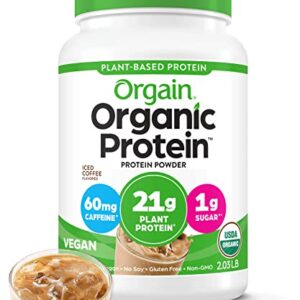 Orgain Organic Vegan Protein Powder, Iced Coffee, 21g of Plant Based Protein, 60mg of Caffeine, Low Net Carbs, Non Dairy, Gluten Free, No Sugar Added, Soy Free, Kosher, Non-GMO, Flavored, 2.03 Lb