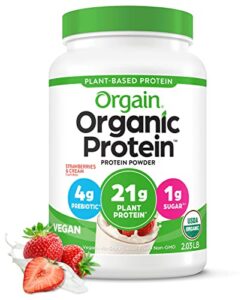 orgain organic vegan protein powder, strawberries & cream – 21g of plant based protein, low net carbs, gluten/ lactose free, no sugar added, soy free, non-gmo, 2.03 lb