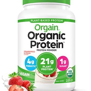 Orgain Organic Vegan Protein Powder, Strawberries & Cream - 21g of Plant Based Protein, Low Net Carbs, Gluten/ Lactose Free, No Sugar Added, Soy Free, Non-GMO, 2.03 Lb