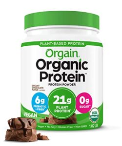 orgain organic vegan protein powder, creamy chocolate fudge – 21g of plant based protein, low net carbs, non dairy, gluten free, lactose free, no sugar added, soy free, kosher, 1.02 pound