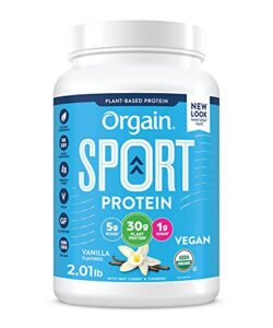 orgain vanilla sport plant-based protein powder – 30g of protein, made with organic turmeric, ginger, beets, chia seeds, brown rice and fiber, vegan, made without gluten & dairy, non-gmo, 2.01 lb